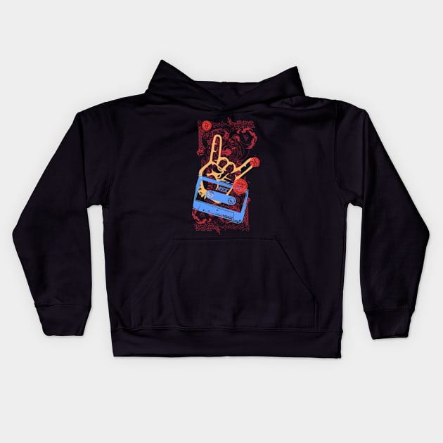 hand of rock with devil horns and cassette Kids Hoodie by bert englefield 